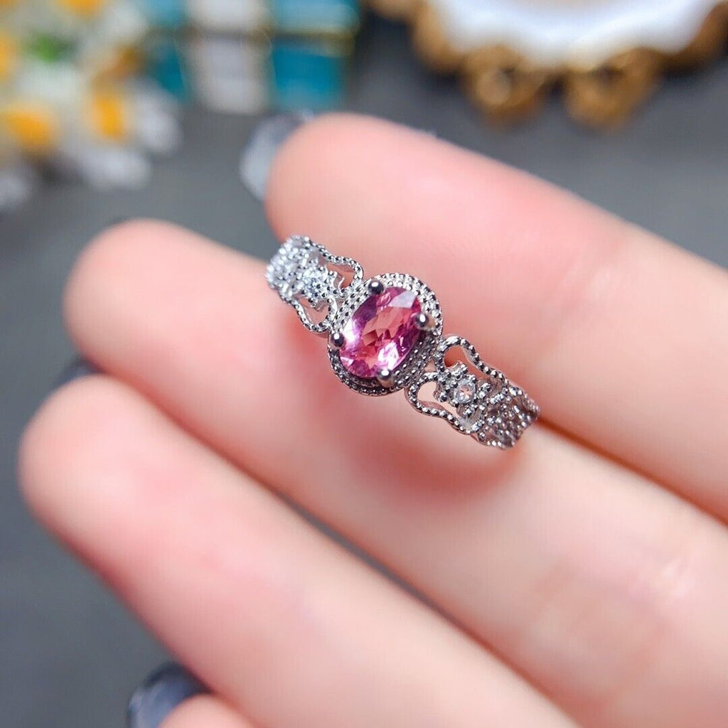 Dainty Pink Tourmaline Gemstone Ring 4x6mm Platinum Plated Silver