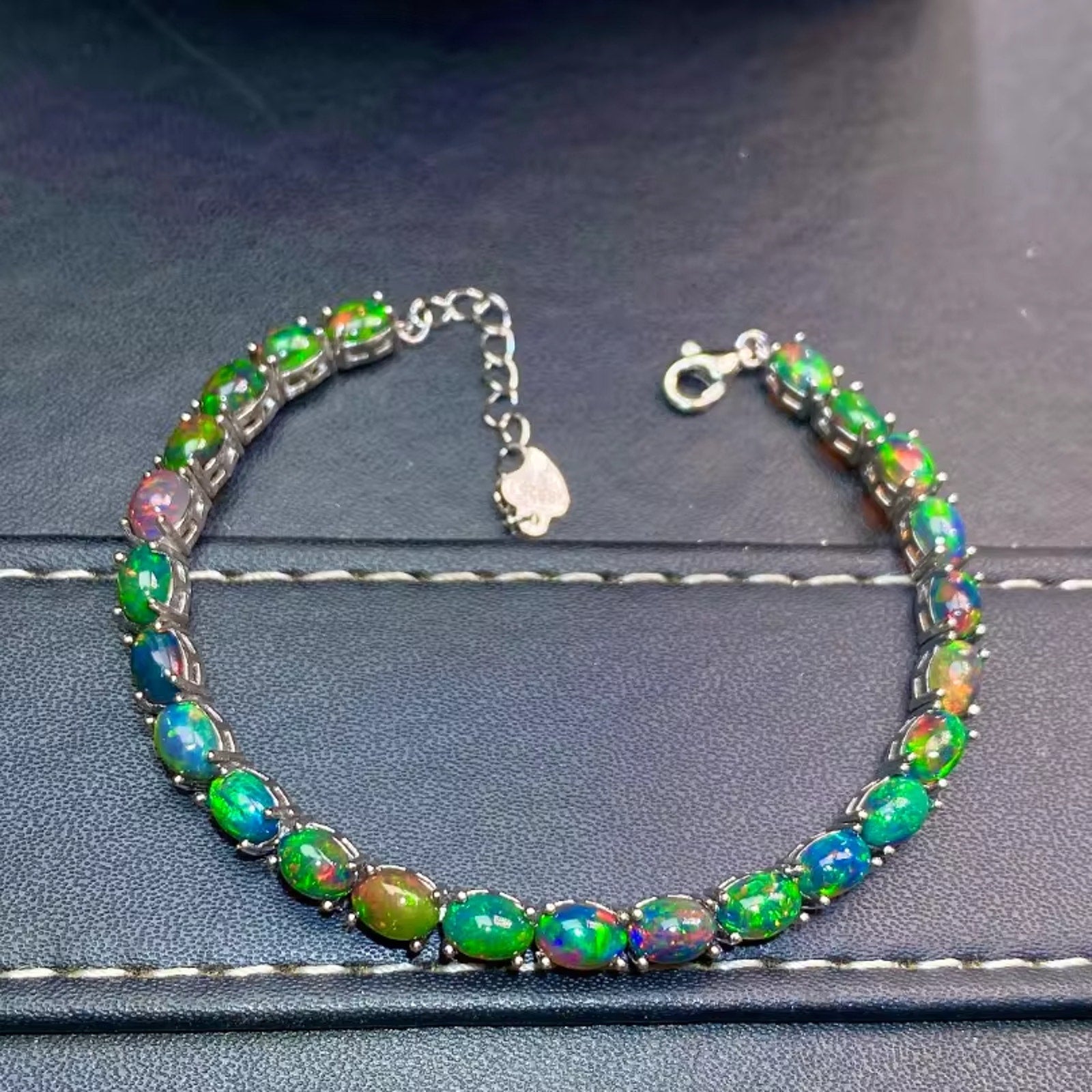 Black Fire Opal Tennis Bracelet, Colorful Opal Bracelet 925 Sterling Silver