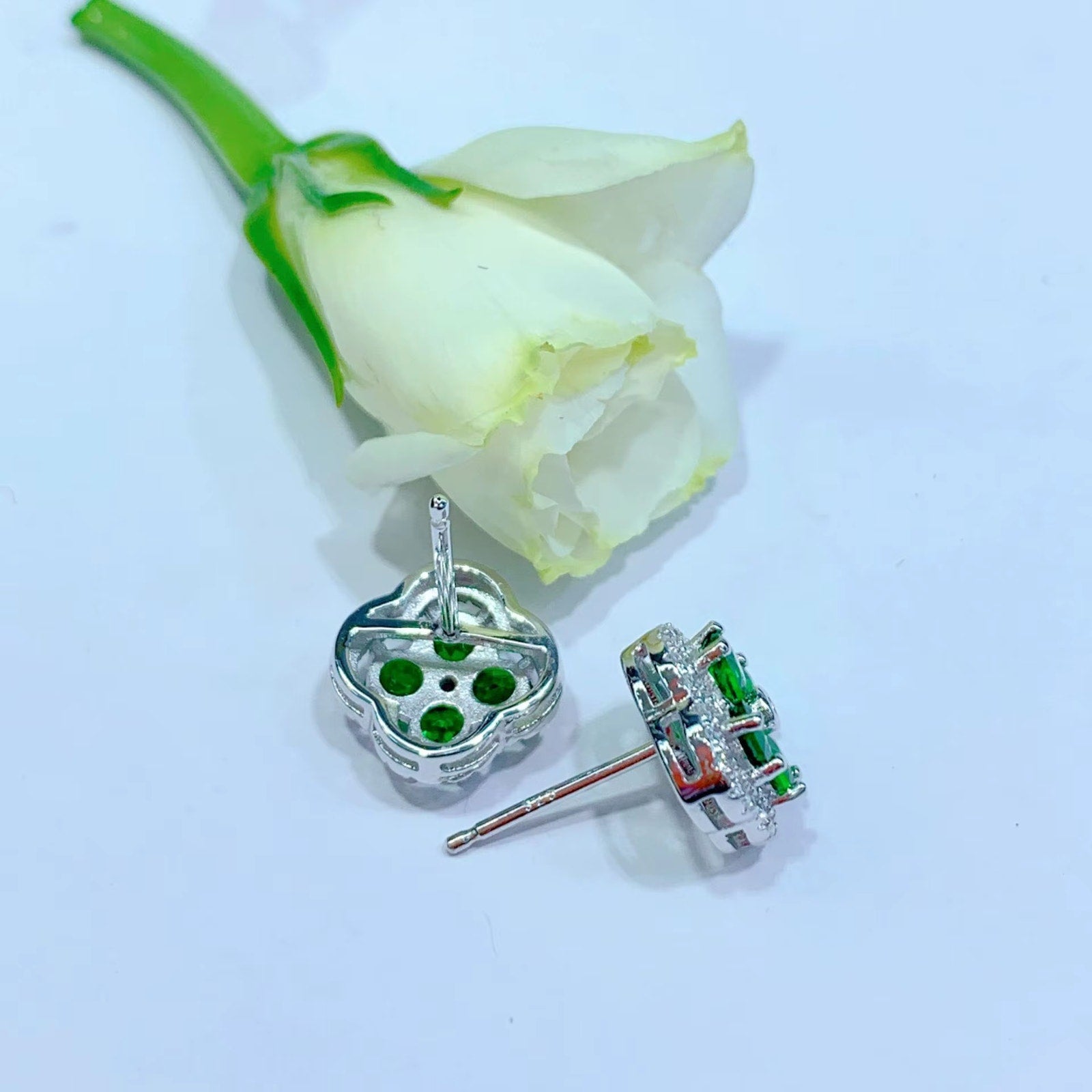 Natural Chrome Diopside Flower Stud Earrings 925 Sterling Silver