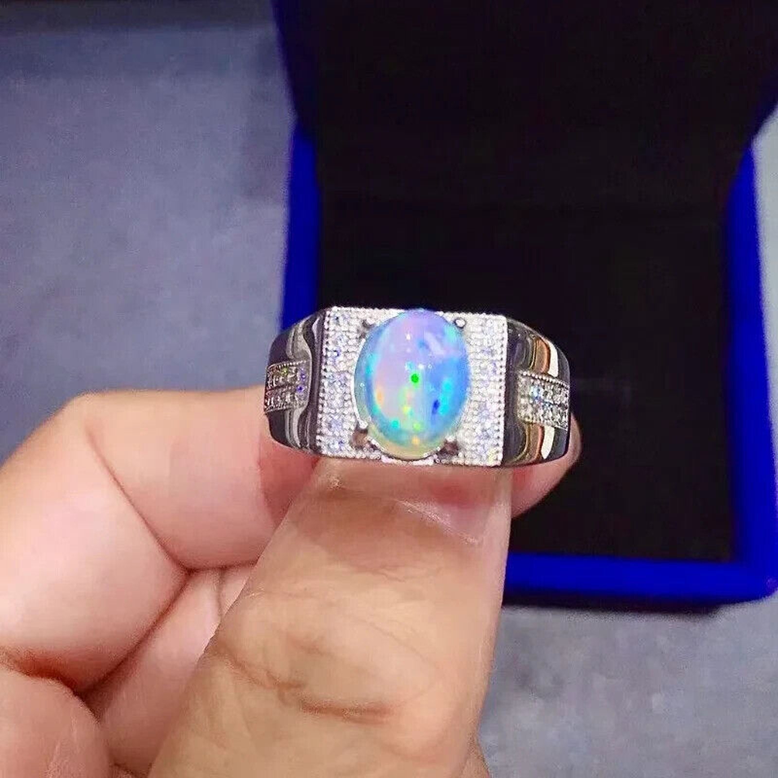 Men's White Fire Opal Cocktail Ring 8x10mm, Men's Natural Opal Ring