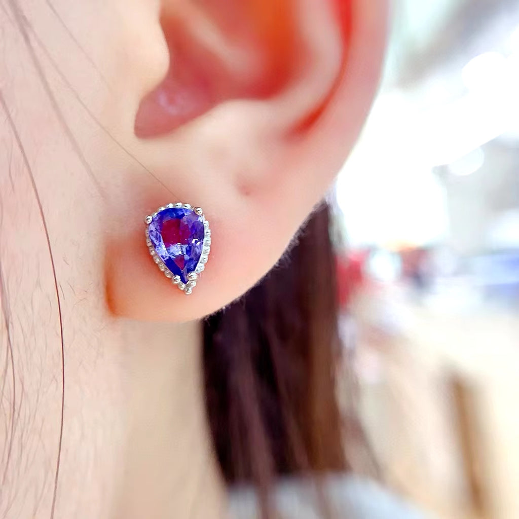 Natural Tanzanite Stud Earrings, Purple Tanzanite Pear Cut Earrings 5x7mm