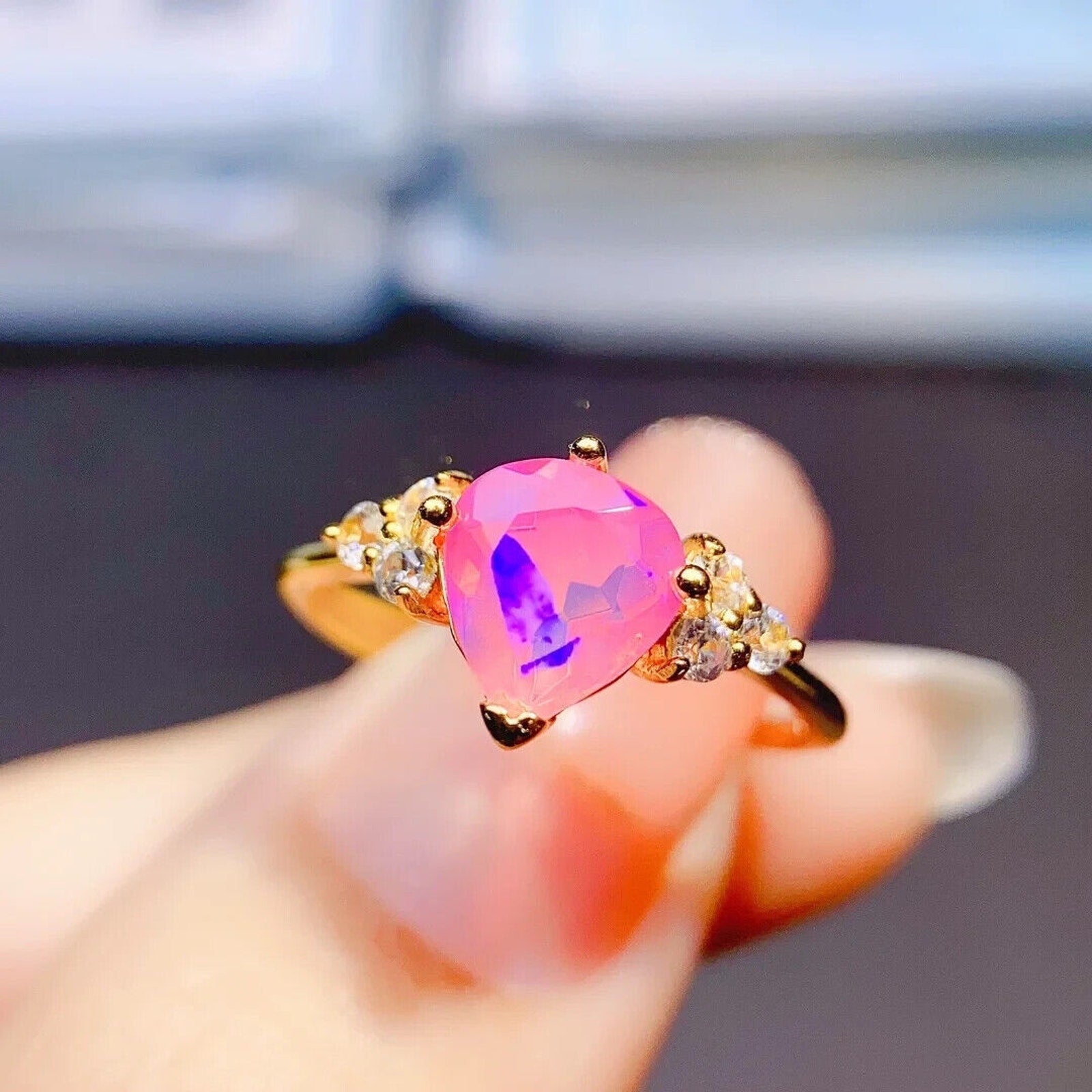 Pink Fire Opal Cluster Ring 7mm, Natural Pink Fire Opal Ring 925 Sterling