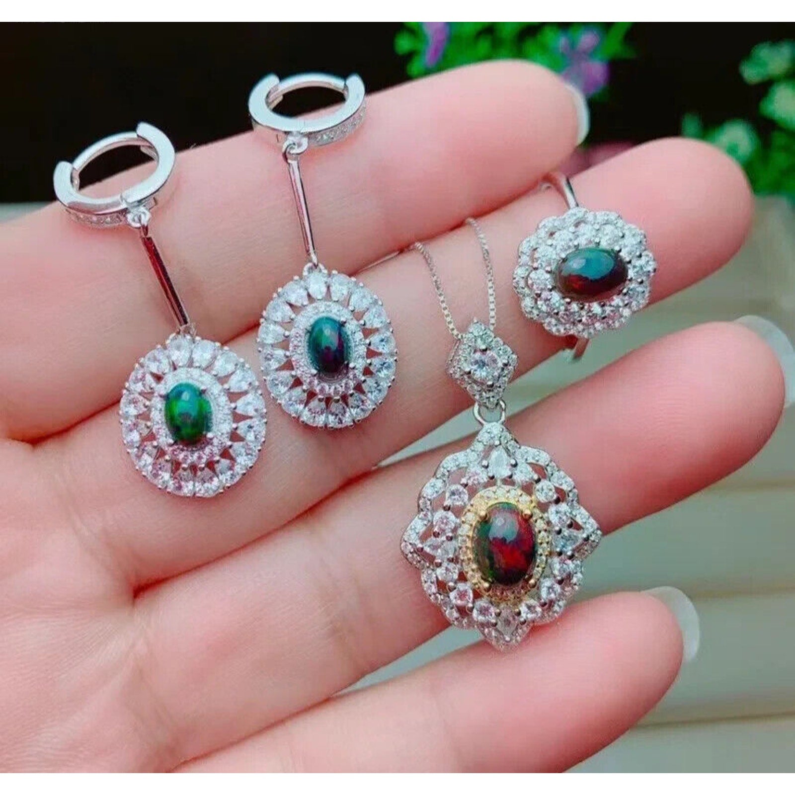 Natural Black Opal Jewelry Set, Black Opal Statement Necklace and Ring