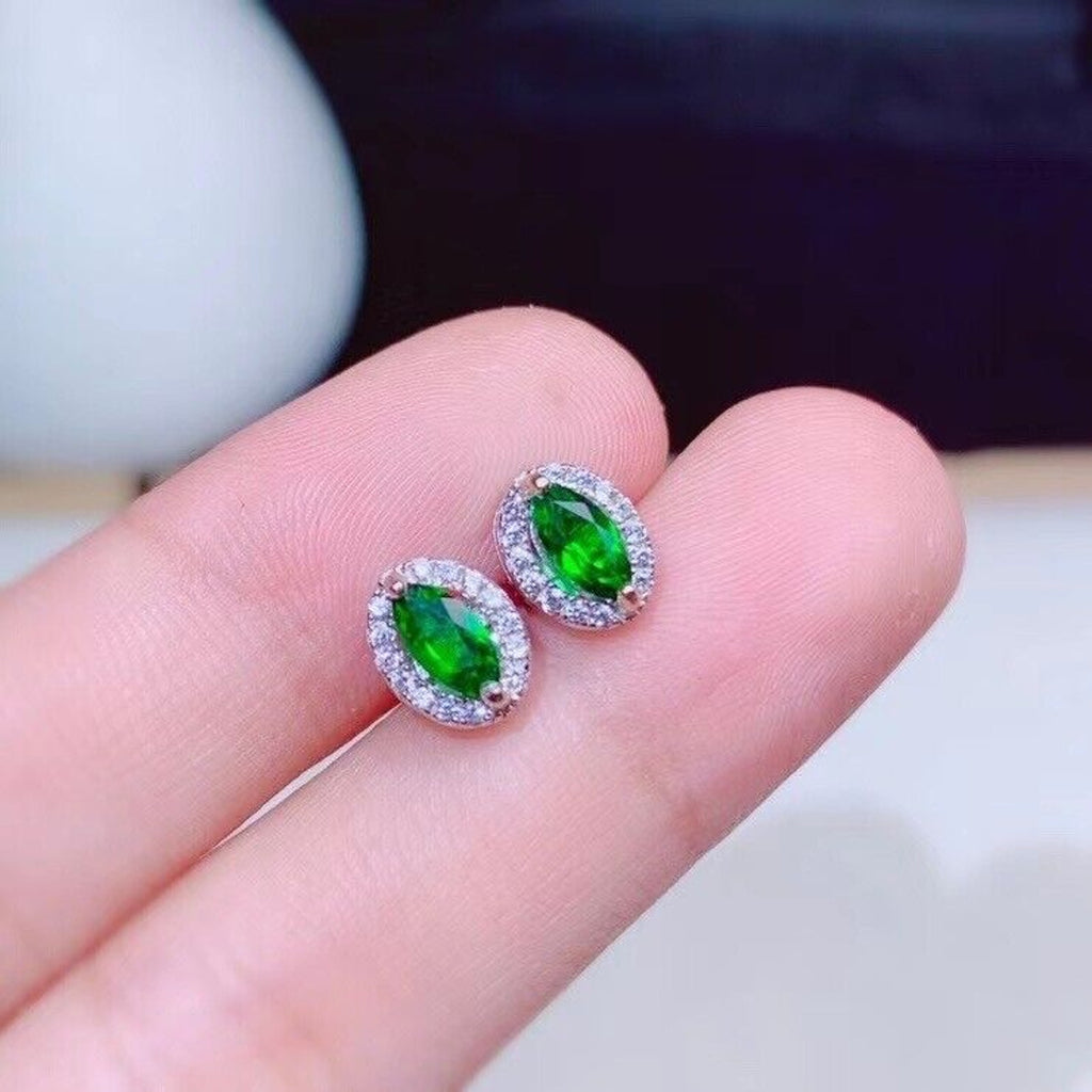 Natural Diopside Stud Earrings Platinum Plated, 3x6mm Chrome Diopside Earrings