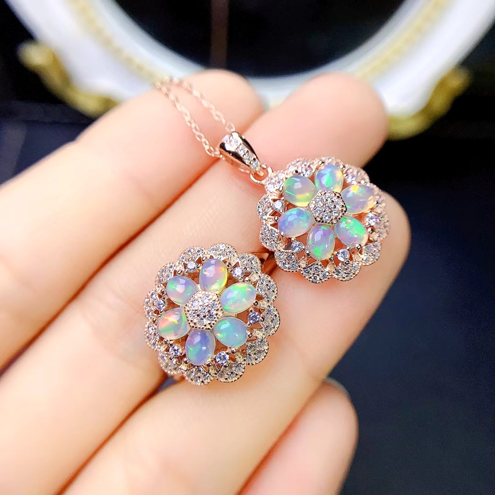 Fire Opal Cluster Pendant Necklace and Ring, Natural Opal Jewelry Set