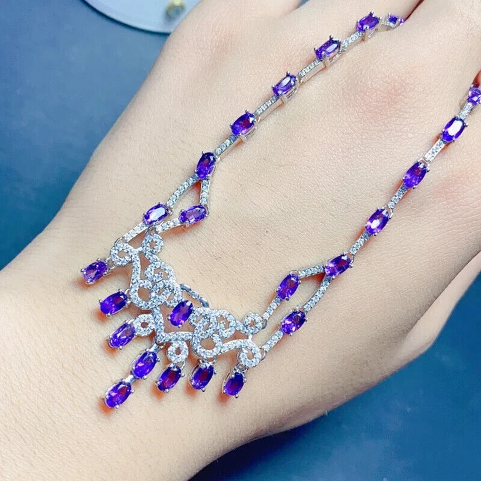 Purple Amethyst Statement Necklace, Natural Amethyst Gemstone Necklace 925