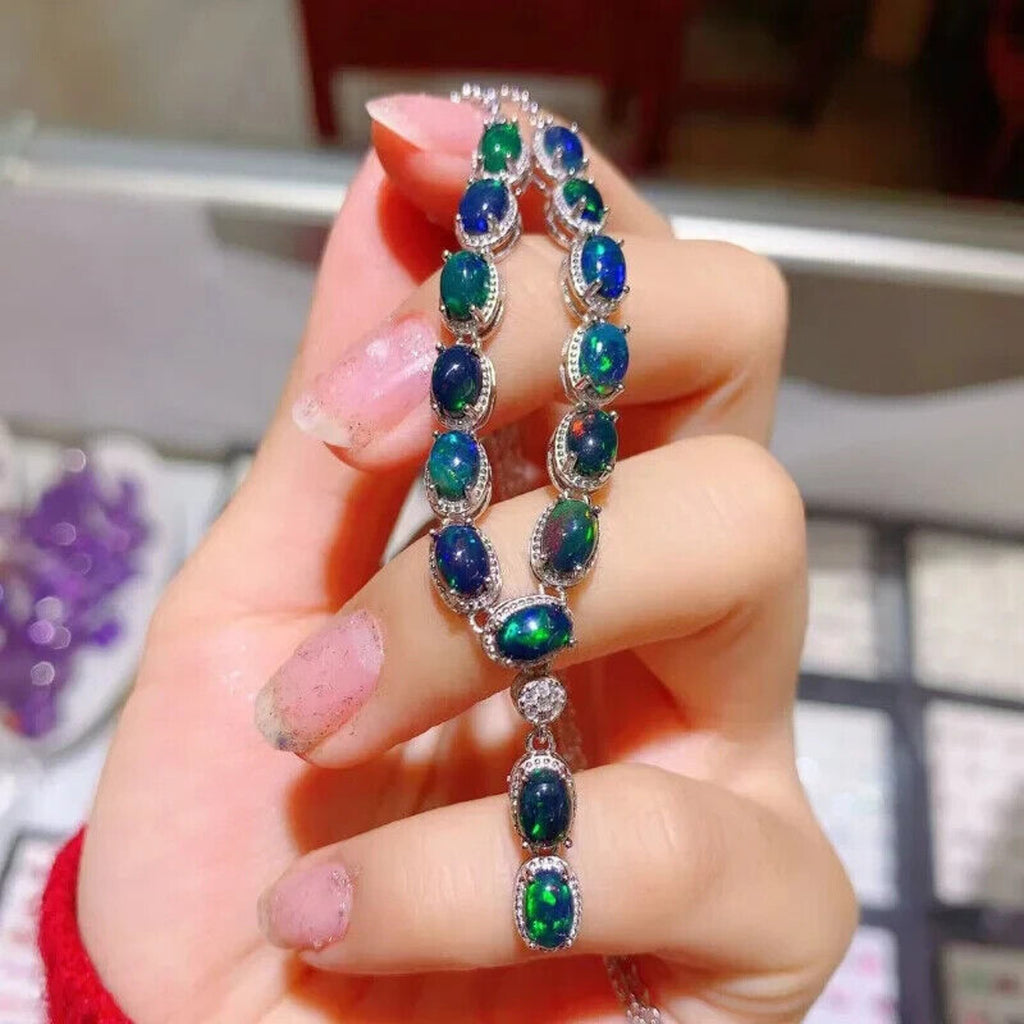 Black Fire Opal Statement Necklace, Natural Black Fire Opal Necklace 4x6mm