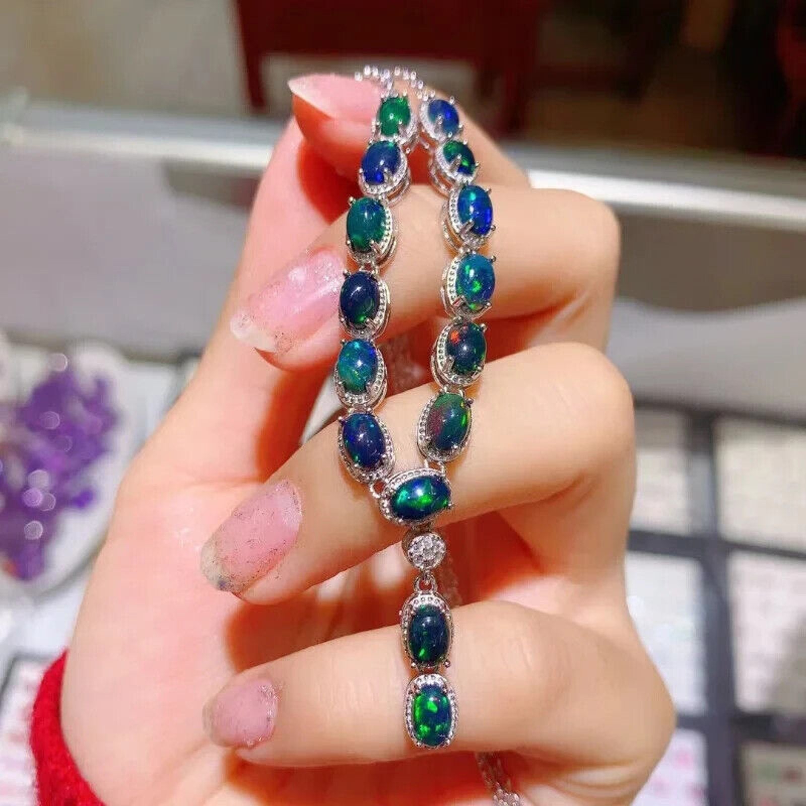 Black Fire Opal Statement Necklace, Natural Black Fire Opal Necklace 4x6mm