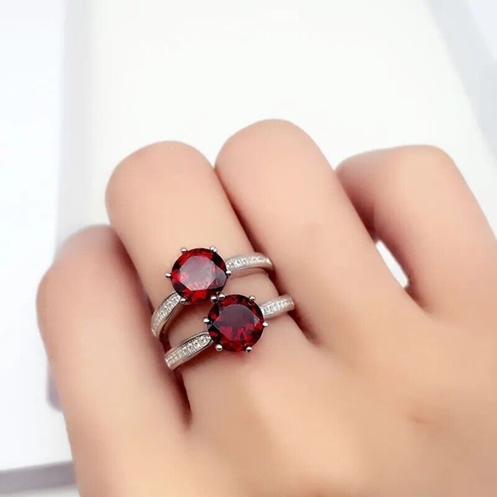 Genuine Red Garnet Ring 8mm Platinum Plated