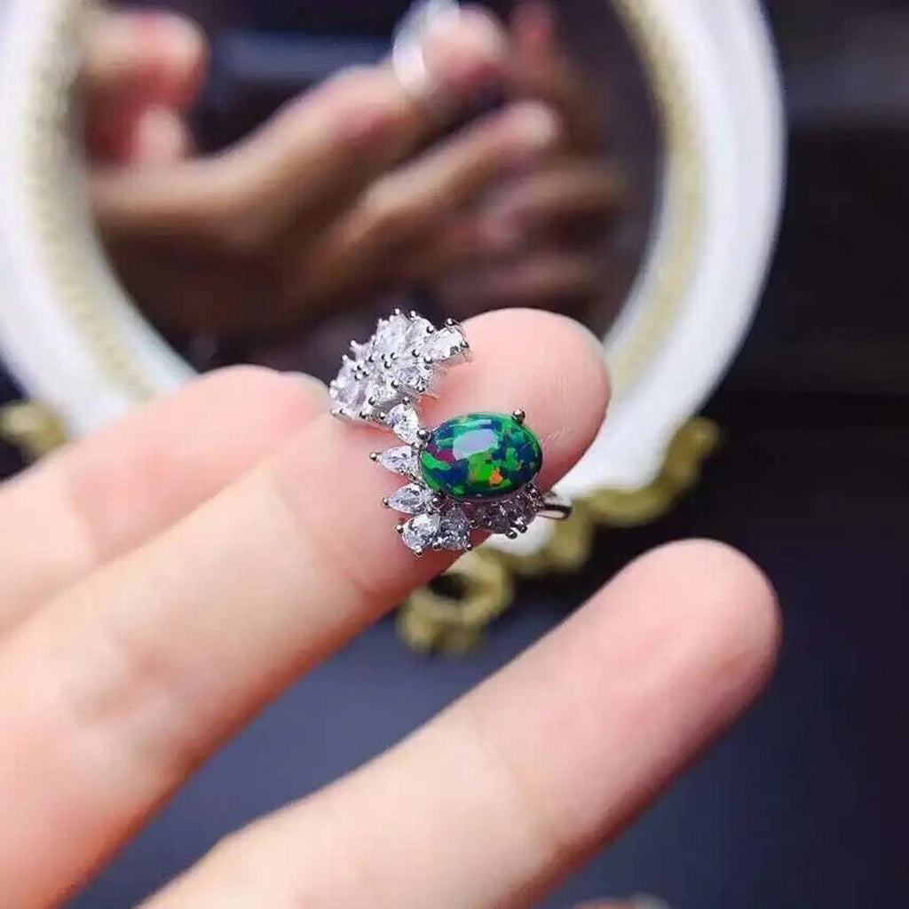 Black Fire Opal and Crystal Cocktail Ring, Natural Fire Opal Cluster Ring