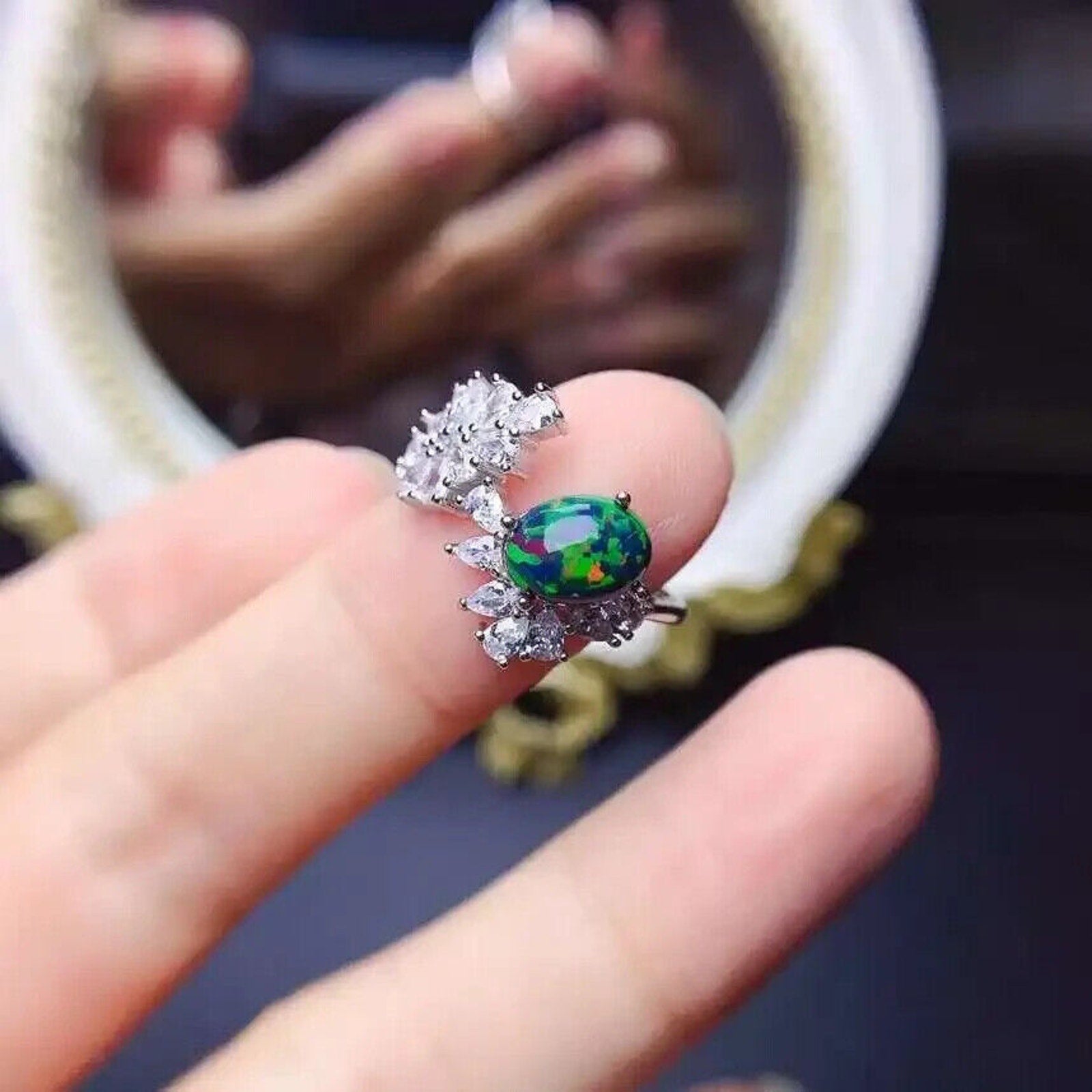 Black Fire Opal and Crystal Cocktail Ring, Natural Fire Opal Cluster Ring