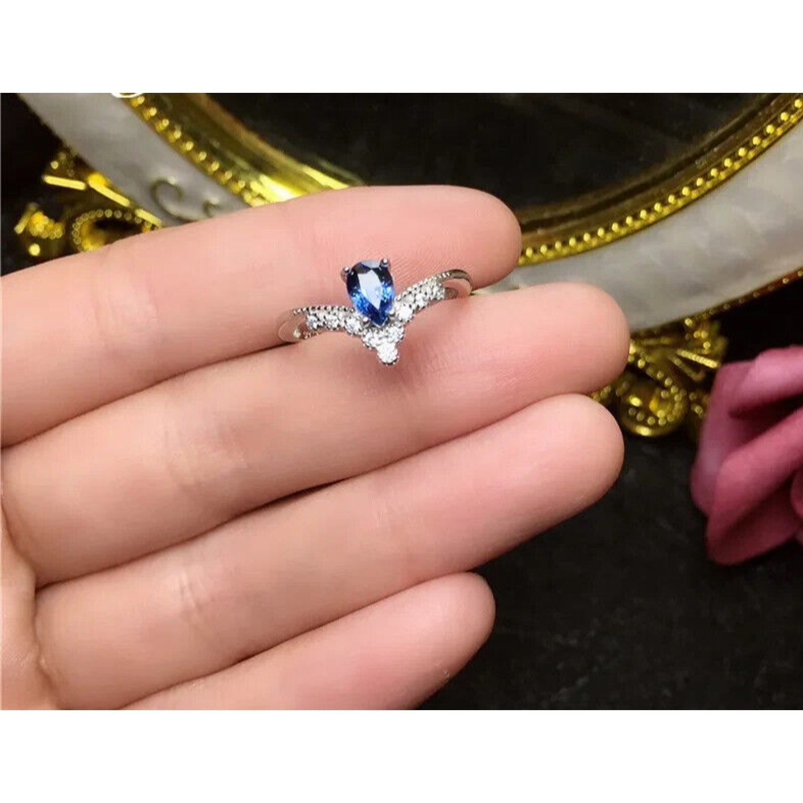 Dainty Sapphire Statement Ring 4x6mm Sterling Silver, Natural Sapphire Ring