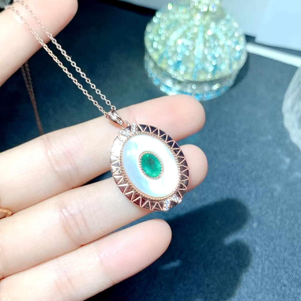 Emerald and Shell Pendant Necklace, Natural Emerald Pendant Necklace 5x7mm