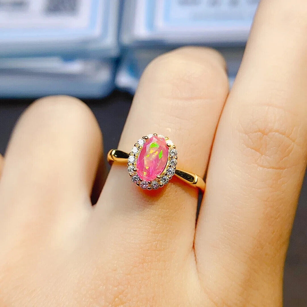 Pink Fire Opal Gemstone Ring 5x8mm, Natural Pink Fire Opal Ring 925 Sterling