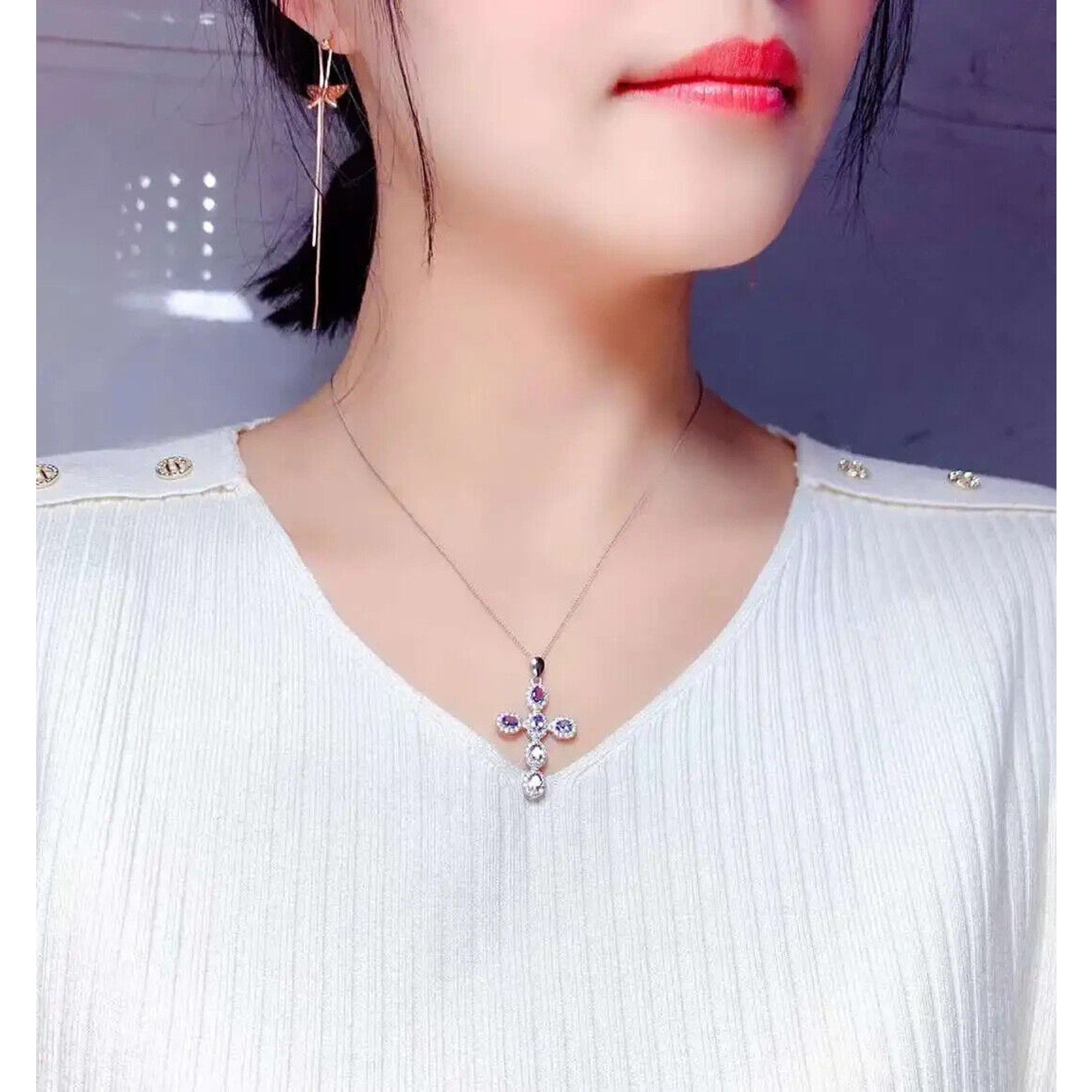 Purple Tanzanite Cross Necklace, Gemstone Cross Necklace 925 Sterling Silver