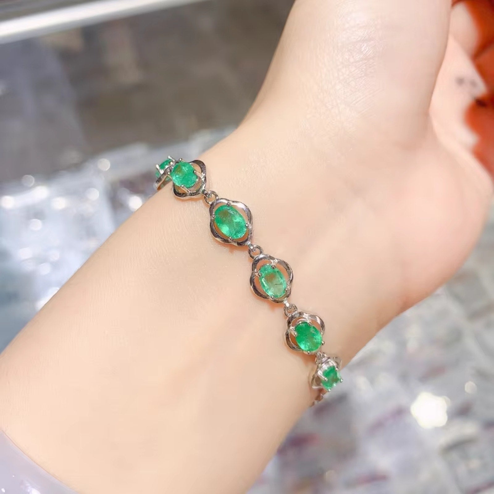 Emerald Bracelet Sterling Silver, Natural Emerald Bracelet, Green Emerald