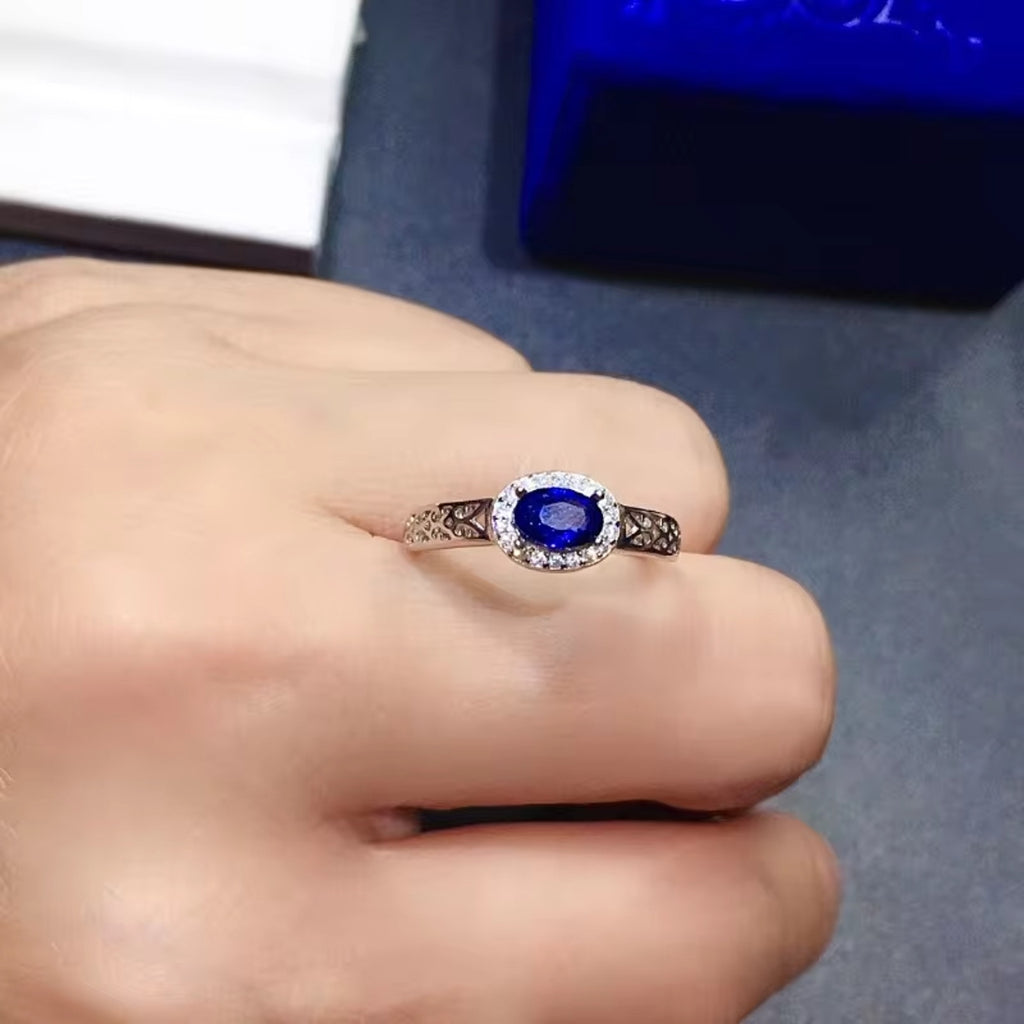 Mens Natural Sapphire Band Ring 4x6mm, Sterling Silver Mens Sapphire Ring