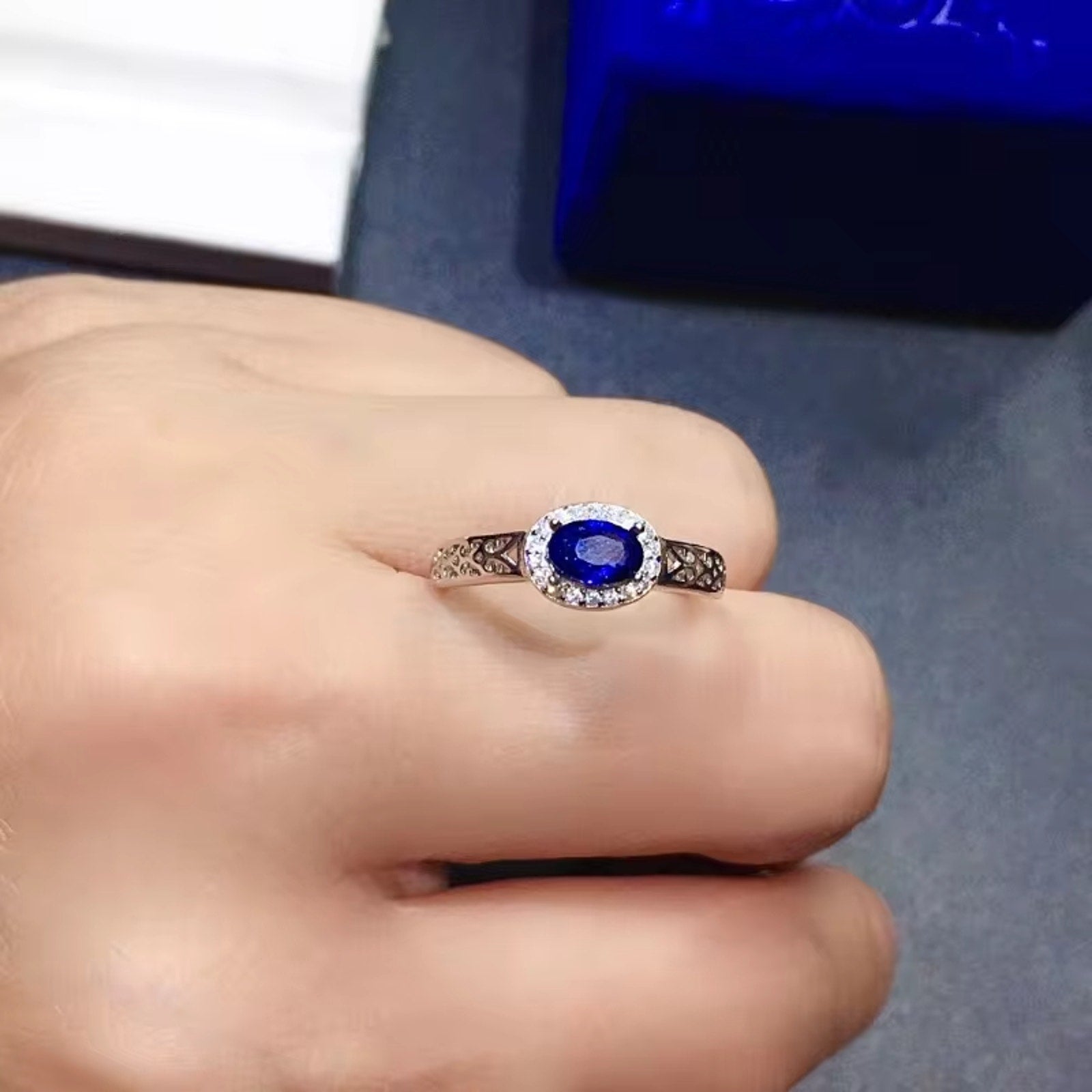 Mens Natural Sapphire Band Ring 4x6mm, Sterling Silver Mens Sapphire Ring