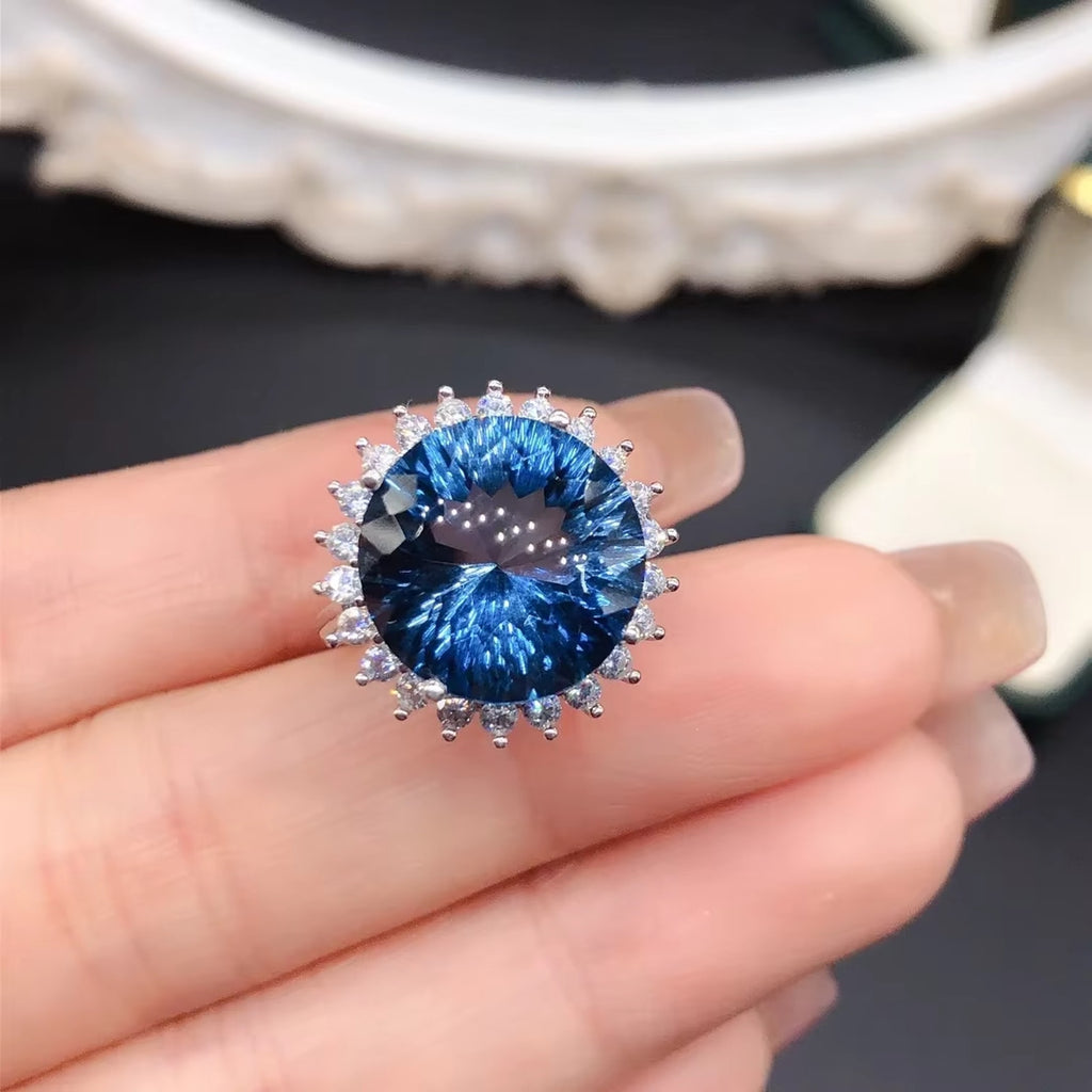 12Ct Firework Cut London Blue Topaz Halo Engagement Ring 925 Sterling Silver