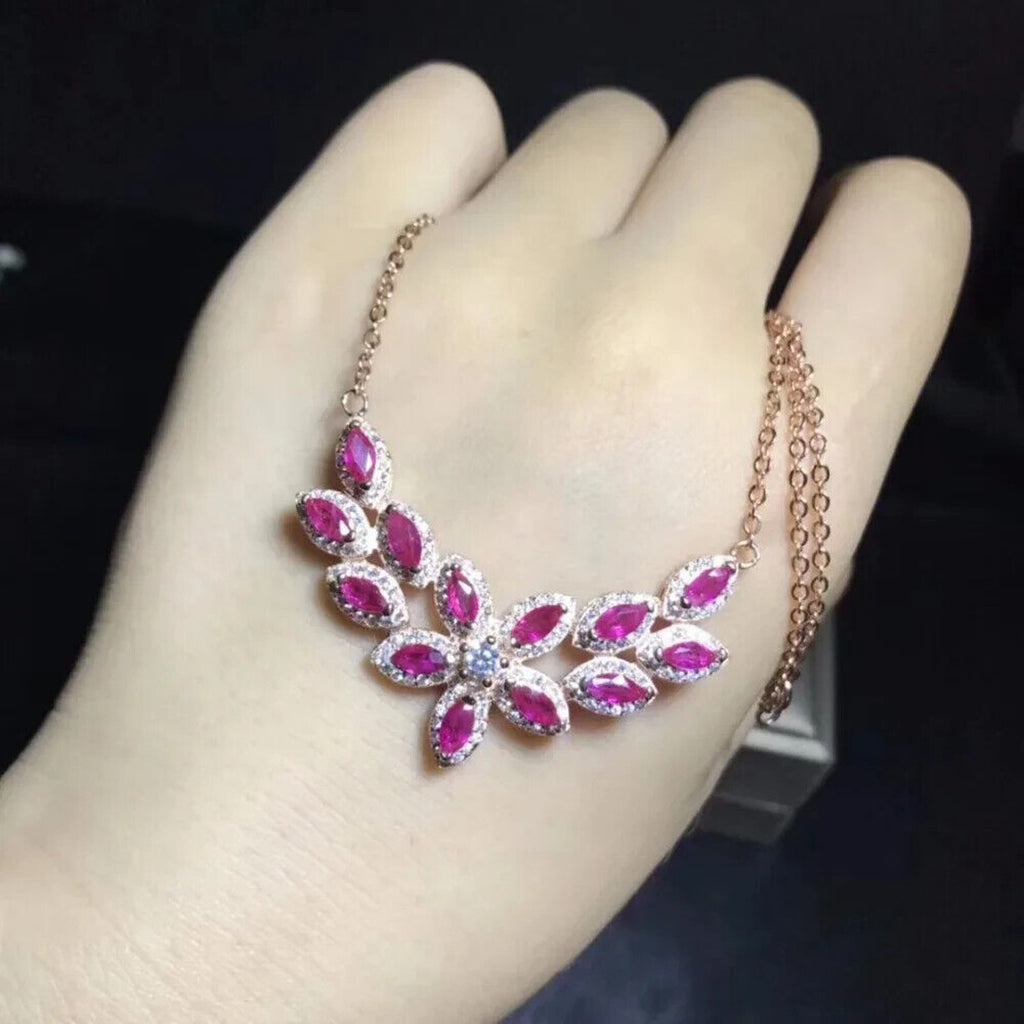 Natural Marquise Cut Ruby Necklace, Ruby Statement Necklace Sterling