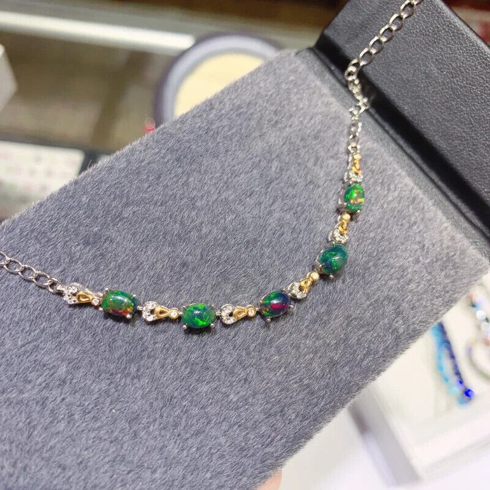 Black Fire Opal Chain Bracelet 925 Sterling Silver, Black Opal Chain Bracelet