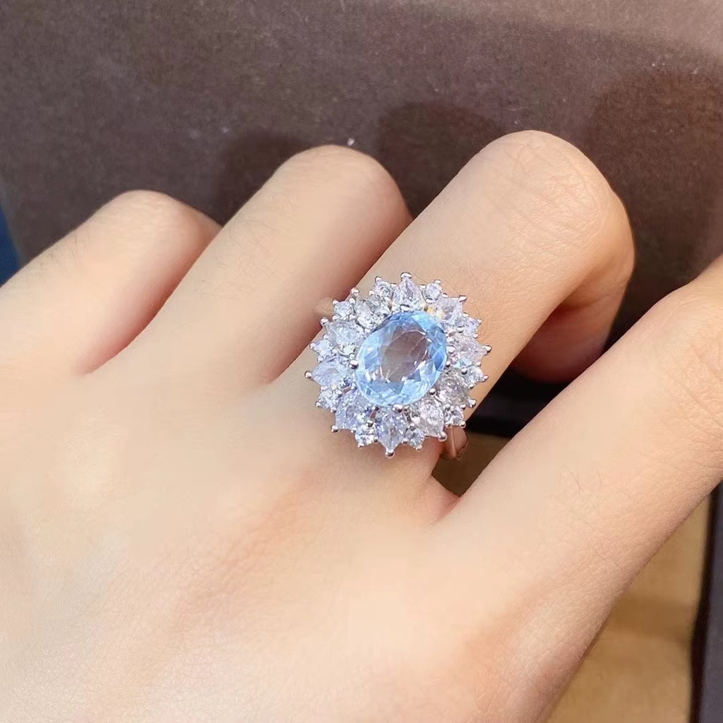 Natural Aquamarine Gemstone Ring 7x9mm, March Birthstone Aquamarine Ring