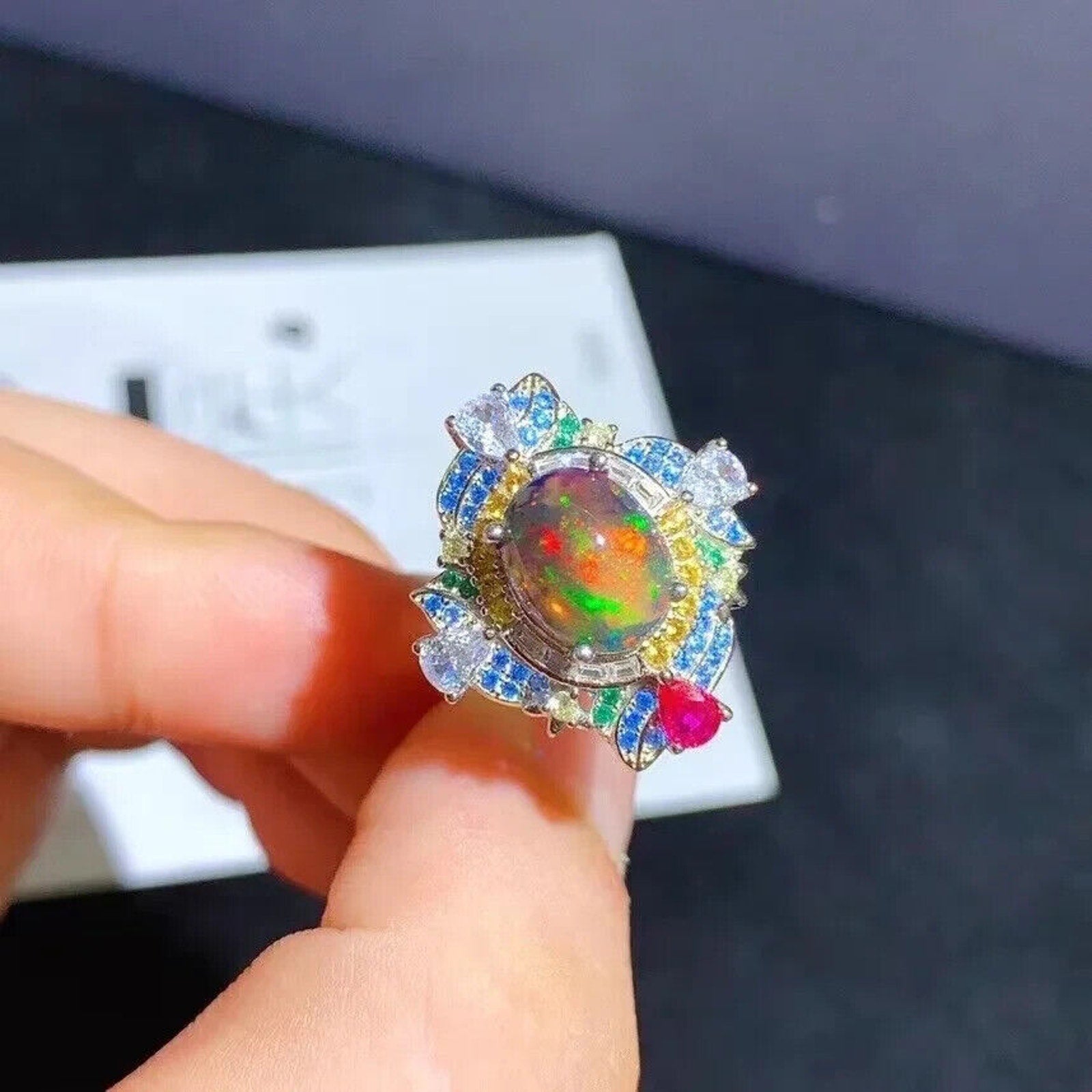 Black Fire Opal Cocktail Ring, Natural Opal Gemstone Ring, Women's Opal Rings