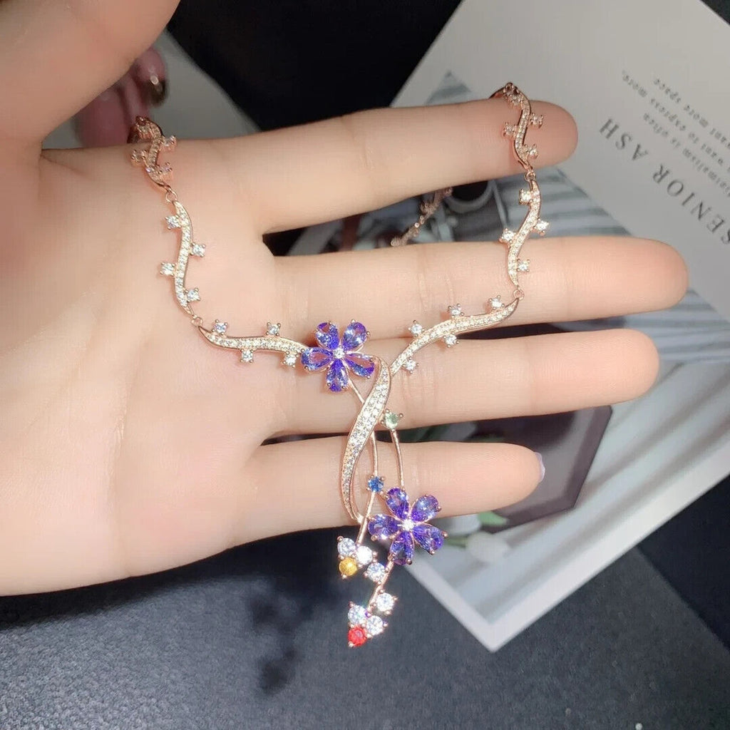 Purple Tanzanite Flower Statement Necklace, VVS1 Pear Cut Purple Tanzanite