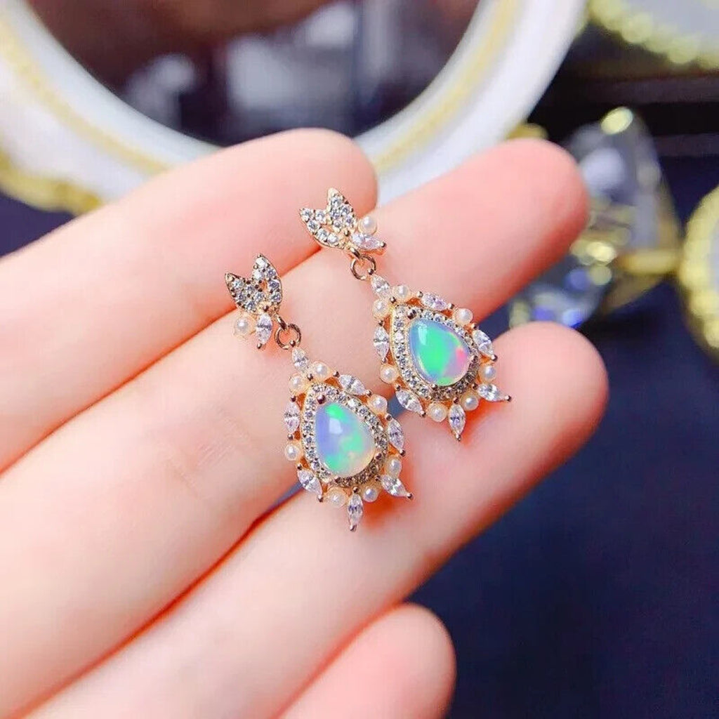 Vintage Opal Dangle Earrings, Natural Fire Opal Dangle Earrings Sterling Silver