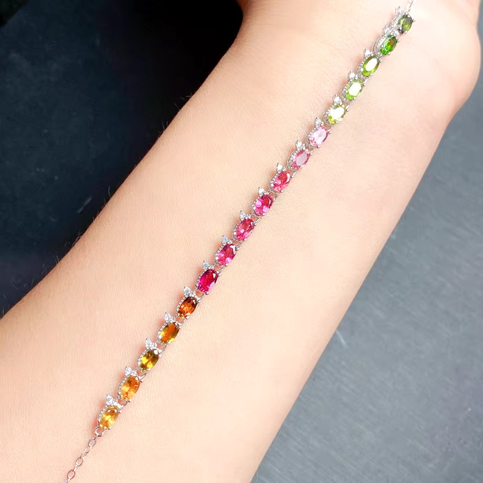 Natural Brazilian Tourmaline Tennis Bracelet, Tourmaline Bracelet 925 Sterling