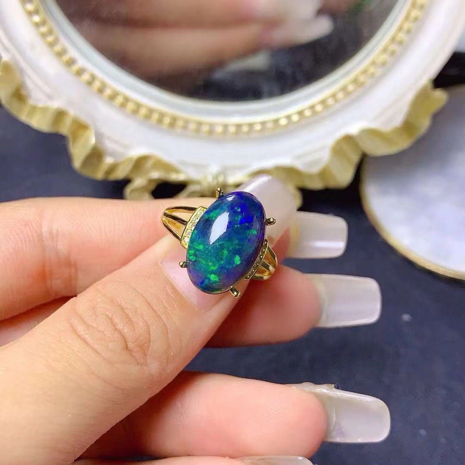 Black Opal Statement Ring, Australian Fire Opal Ring Sterling Silver 10x14mm