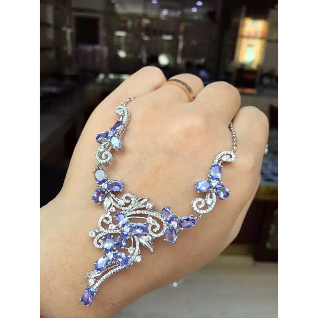 Natural Purple Tanzanite Statement Necklace 925 Sterling Silver Purple Tanzanite