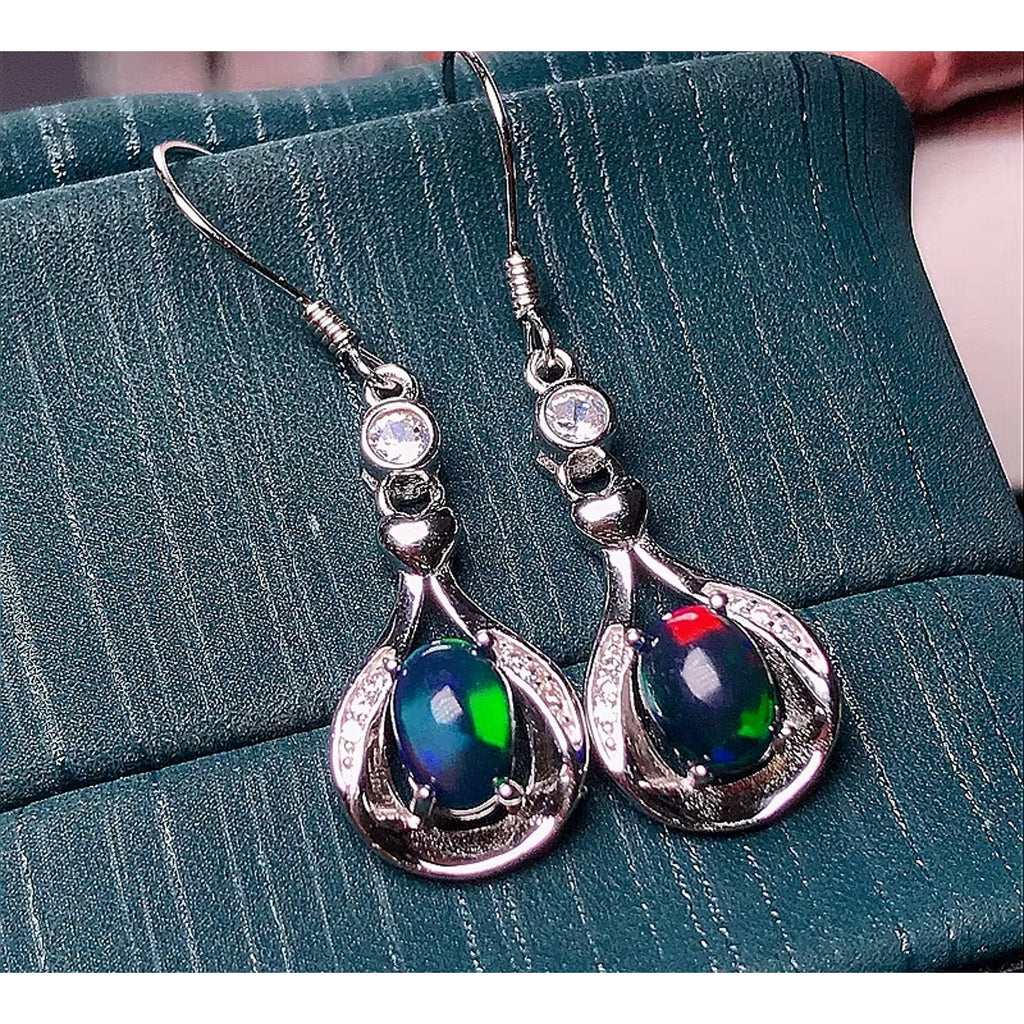 Black Fire Opal Dangle Earrings, Natural Fire Opal Earrings 925 Sterling Silver