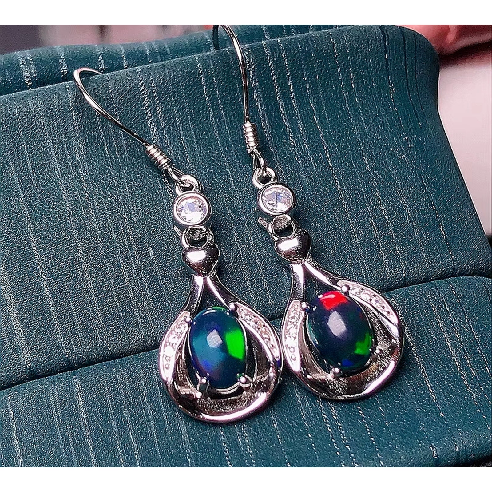 Black Fire Opal Dangle Earrings, Natural Fire Opal Earrings 925 Sterling Silver