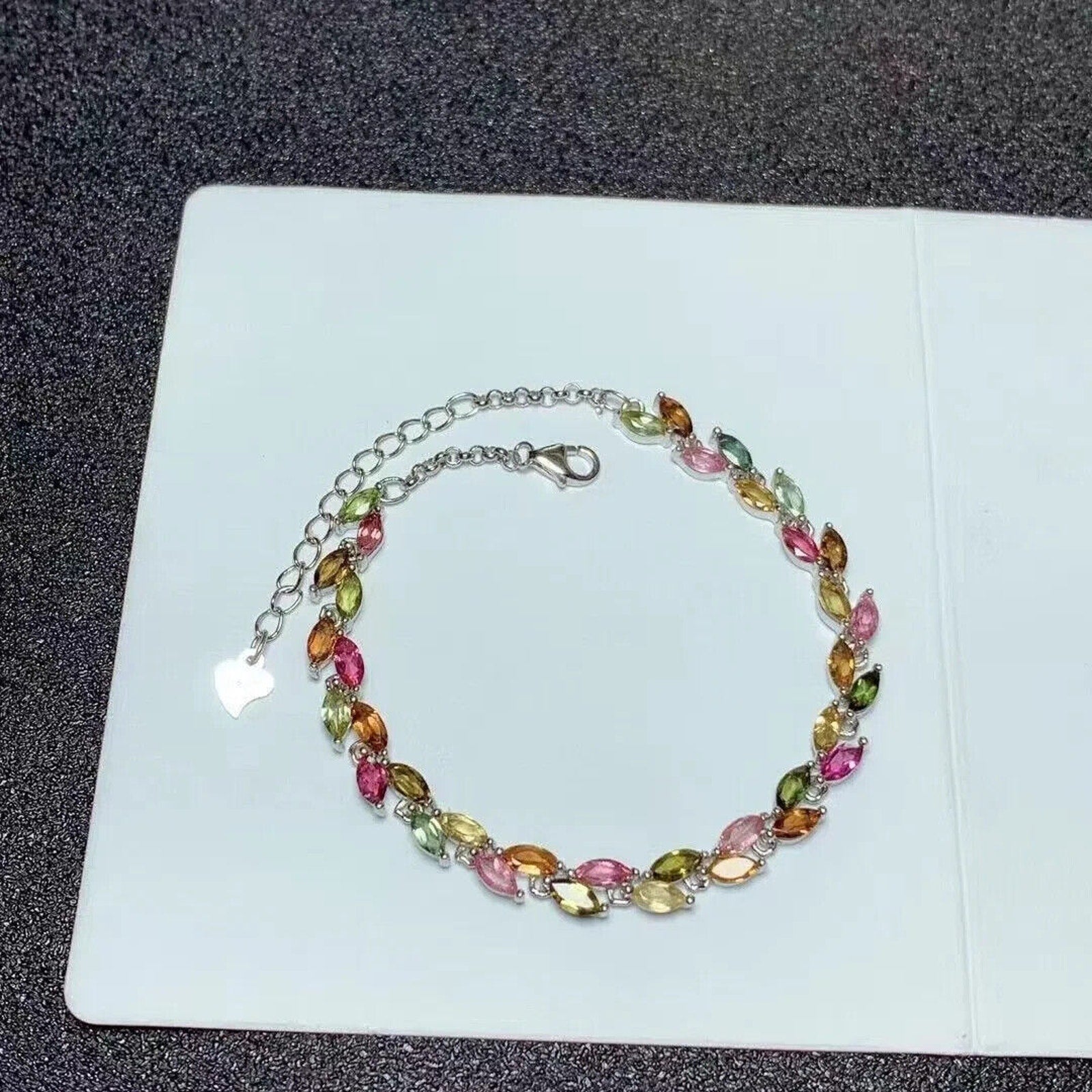 Colorful Tourmaline Gemstone Leaf Bracelet, Dainty Natural Tourmaline Bracelet