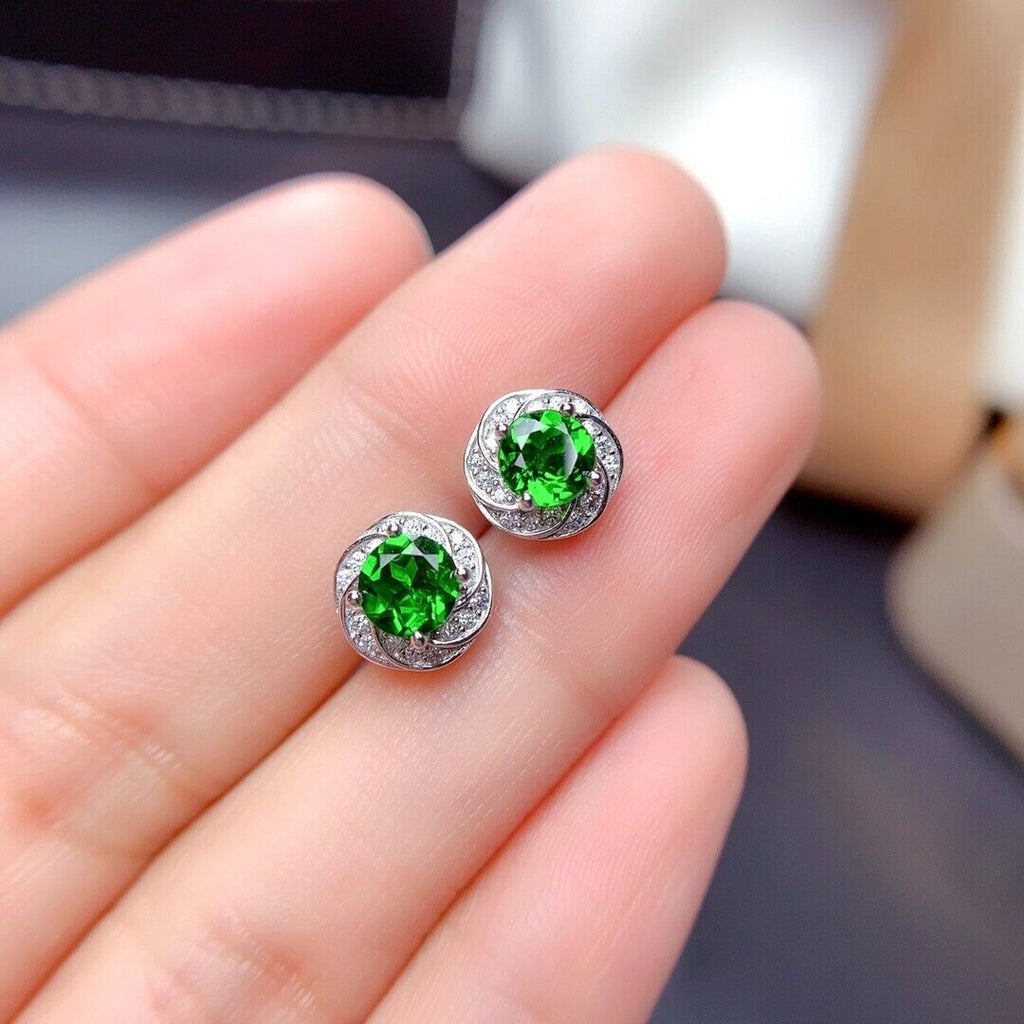 Natural Chrome Diopside Stud Earrings VVS Grade 925 Sterling Silver 5mm
