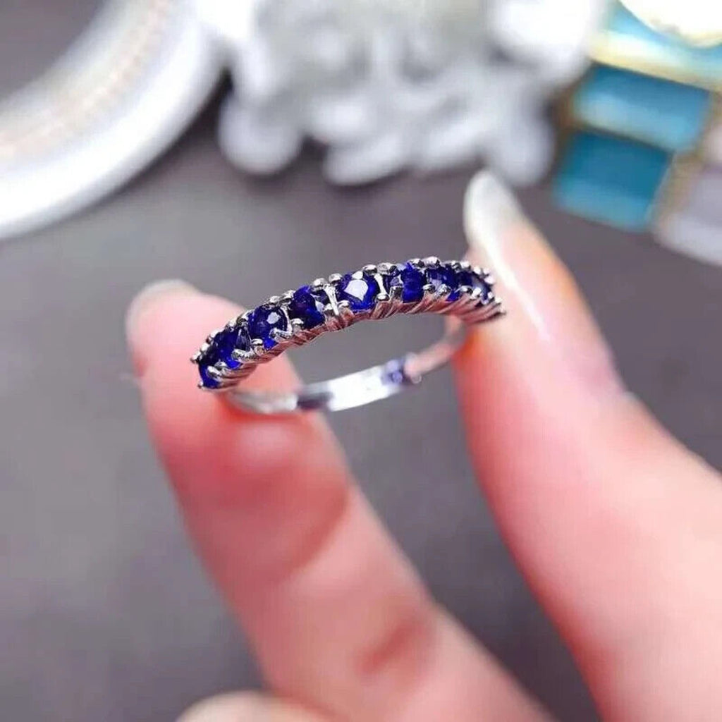 Women's Blue Sapphire Band Ring, Natural Sapphire Band Ring Half Eternity Ring