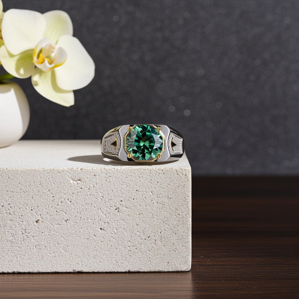 2CT VVS1 Men's Green Moissanite Ring Round Brilliant Cut