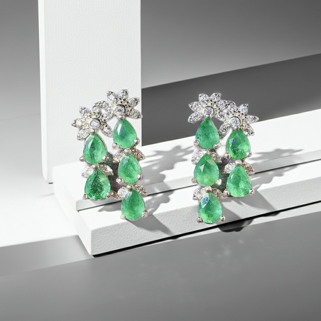 Colombian Emerald Cluster Earrings, Emerald Earrings For Women