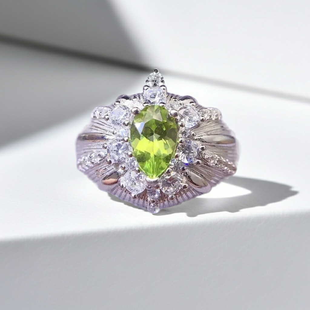 Natural Peridot Gemstone Ring 5x8mm 1CT, Peridot Statement Ring Sterling Silver