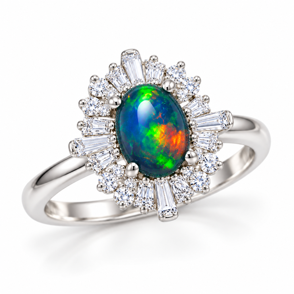 Angled view of a 5x7mm black opal halo ring displaying vivid green, blue, and orange flashes, surrounded by sparkling round and baguette cubic zirconia accents.
