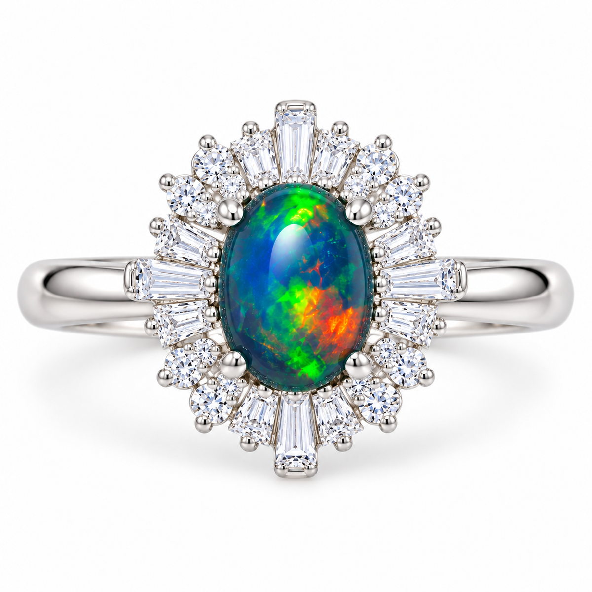 Front view of an oval black opal ring with a symmetrical sunburst halo of round and tapered baguette cubic zirconia stones in polished Platinum Plated sterling silver.