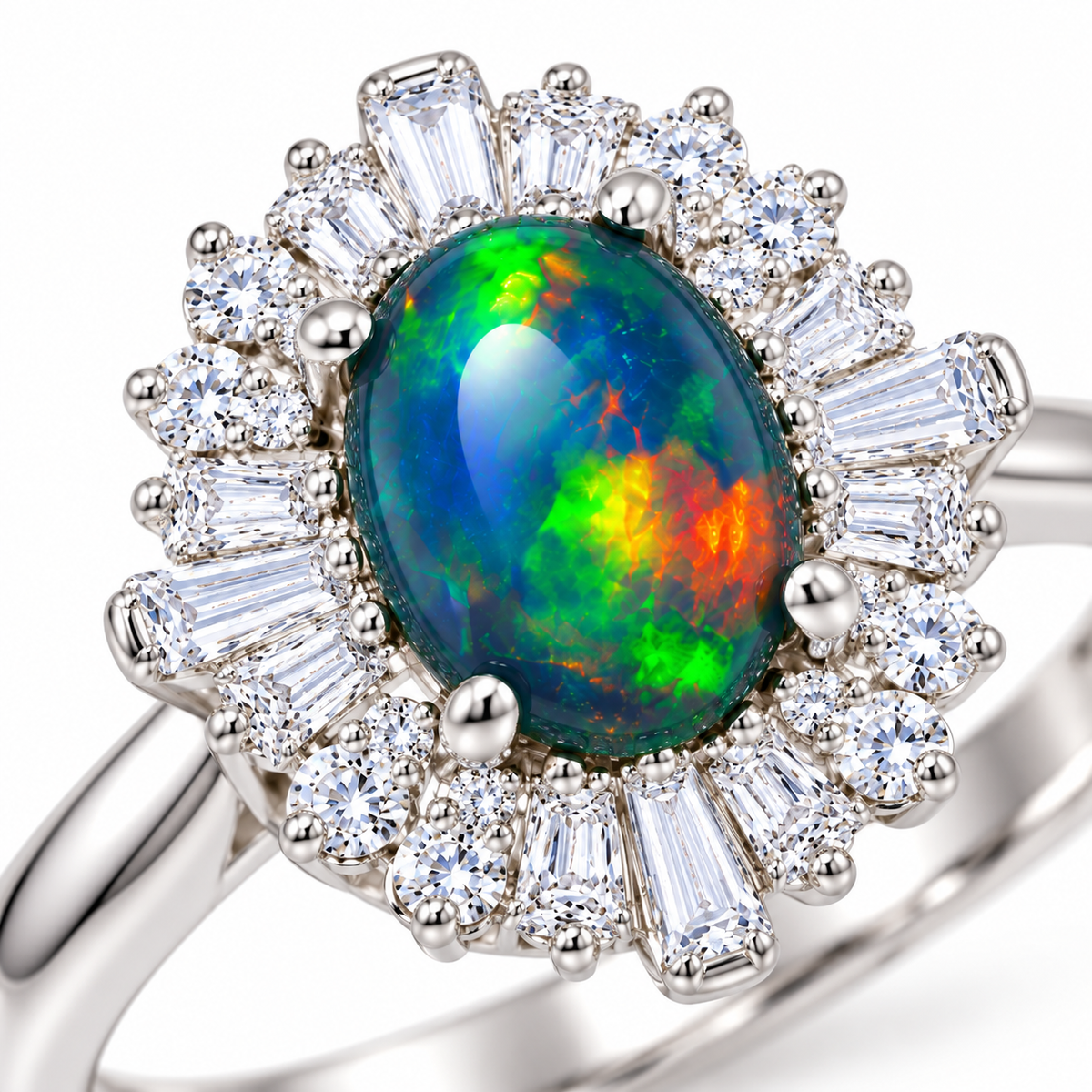 Macro close-up of a 5x7mm oval black opal with vibrant green, blue, yellow, and orange play-of-color, framed by sparkling round and baguette cubic zirconia stones.