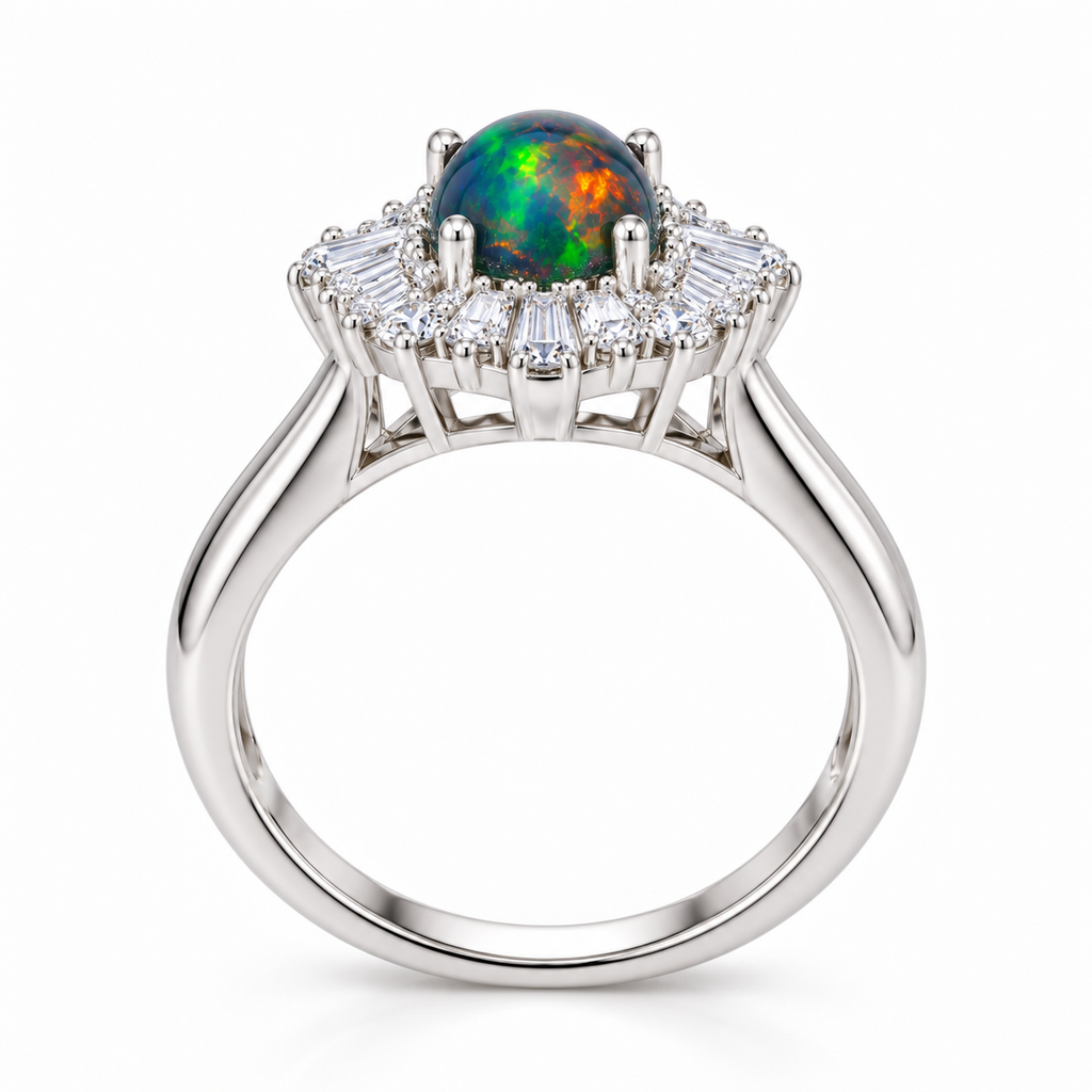 Side profile of a black opal sunburst ring showing the domed oval gemstone, raised halo setting, rounded prongs, open gallery, and polished silver-colored band.