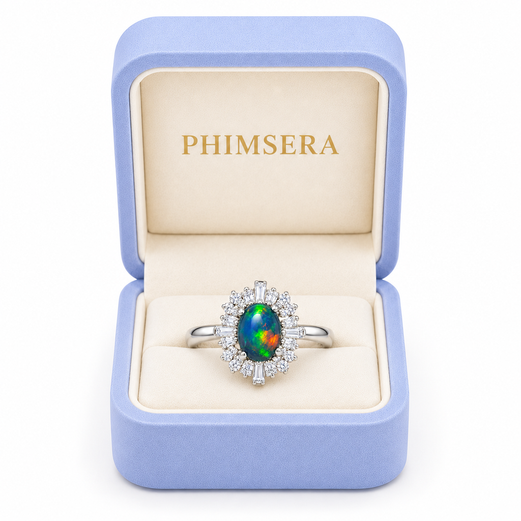 Black opal sunburst halo ring displayed inside a periwinkle Phimsera jewelry box with cream velvet interior and gold PHIMSERA lettering.