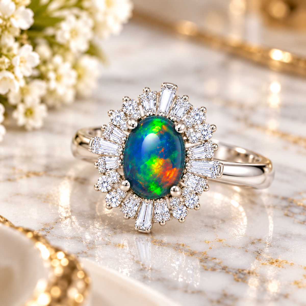 Black opal sunburst halo ring displayed beside delicate white flowers on pale marble, featuring a dark oval gemstone with vivid multicolored flashes and a polished silver-colored setting.