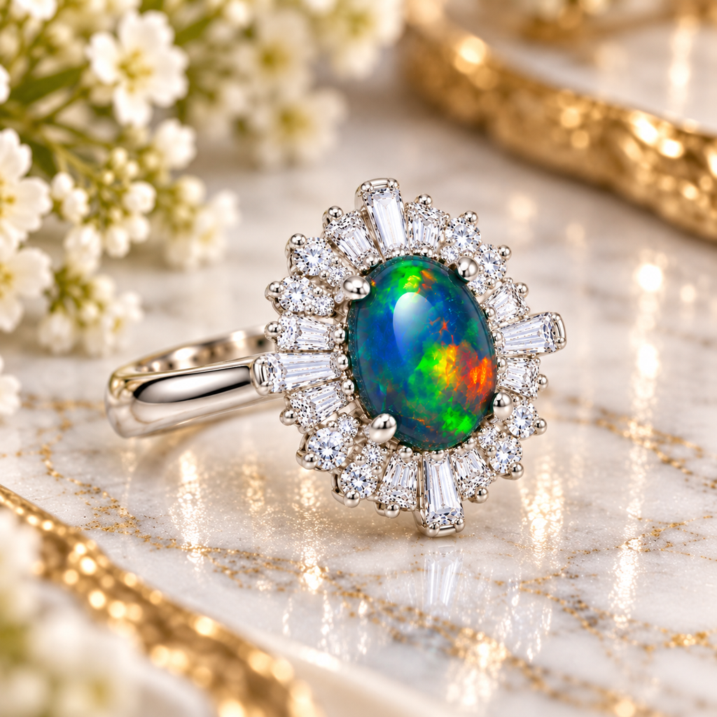 Black opal sunburst halo ring displayed beside delicate white flowers on pale marble, featuring a dark oval gemstone with vivid multicolored flashes and a polished silver-colored setting.