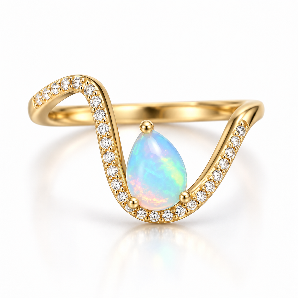 5x7mm natural pear shaped opal ring in Gold Plated 925 Sterling Silver on white background
