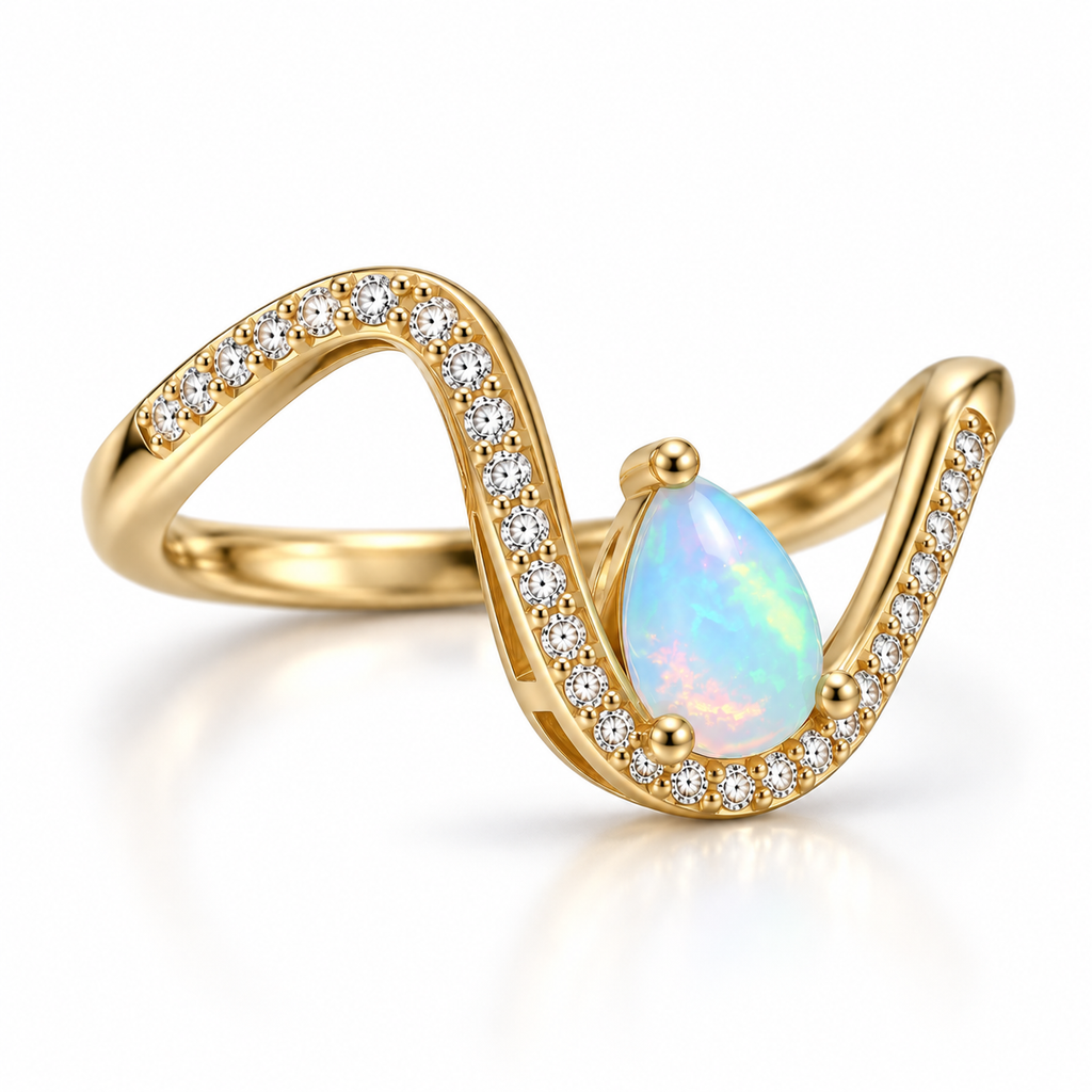 Close angled view of a Gold Plated 5x7mm natural opal ring with pavé accent stones