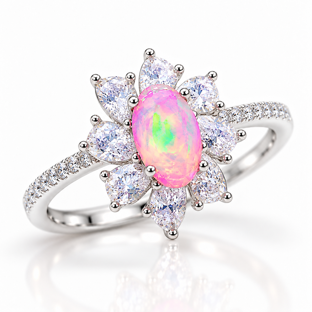 Three-quarter view of a 5x8mm Australian pink fire opal ring with a sparkling eight-petal cubic zirconia floral halo and slender Platinum Plated sterling silver band with round CZ accents.